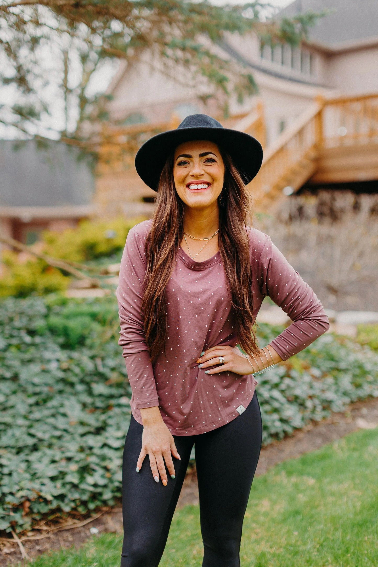 Long Sleeve Scoop Tee, Mauve Dot