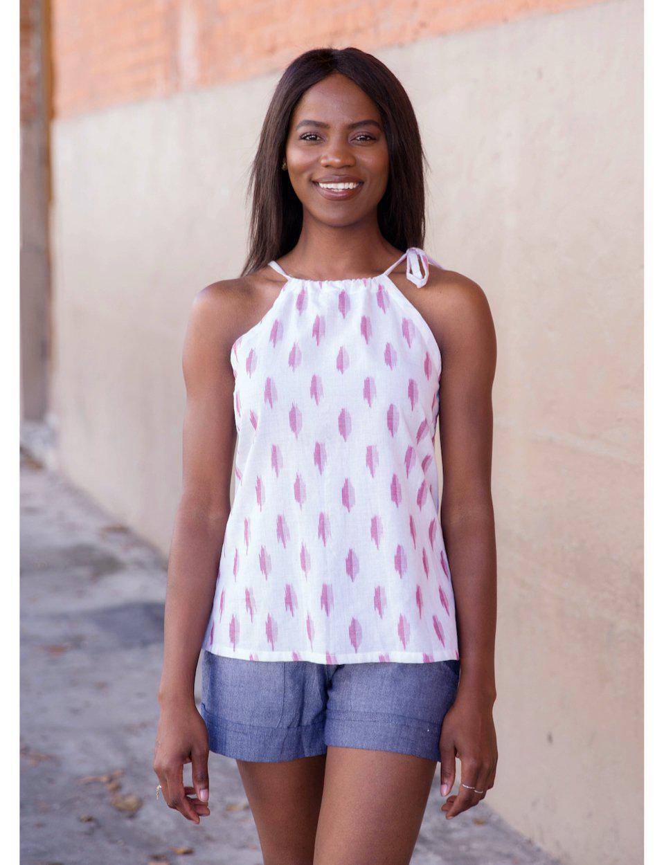 Ella Tank, Pink/White Ikat