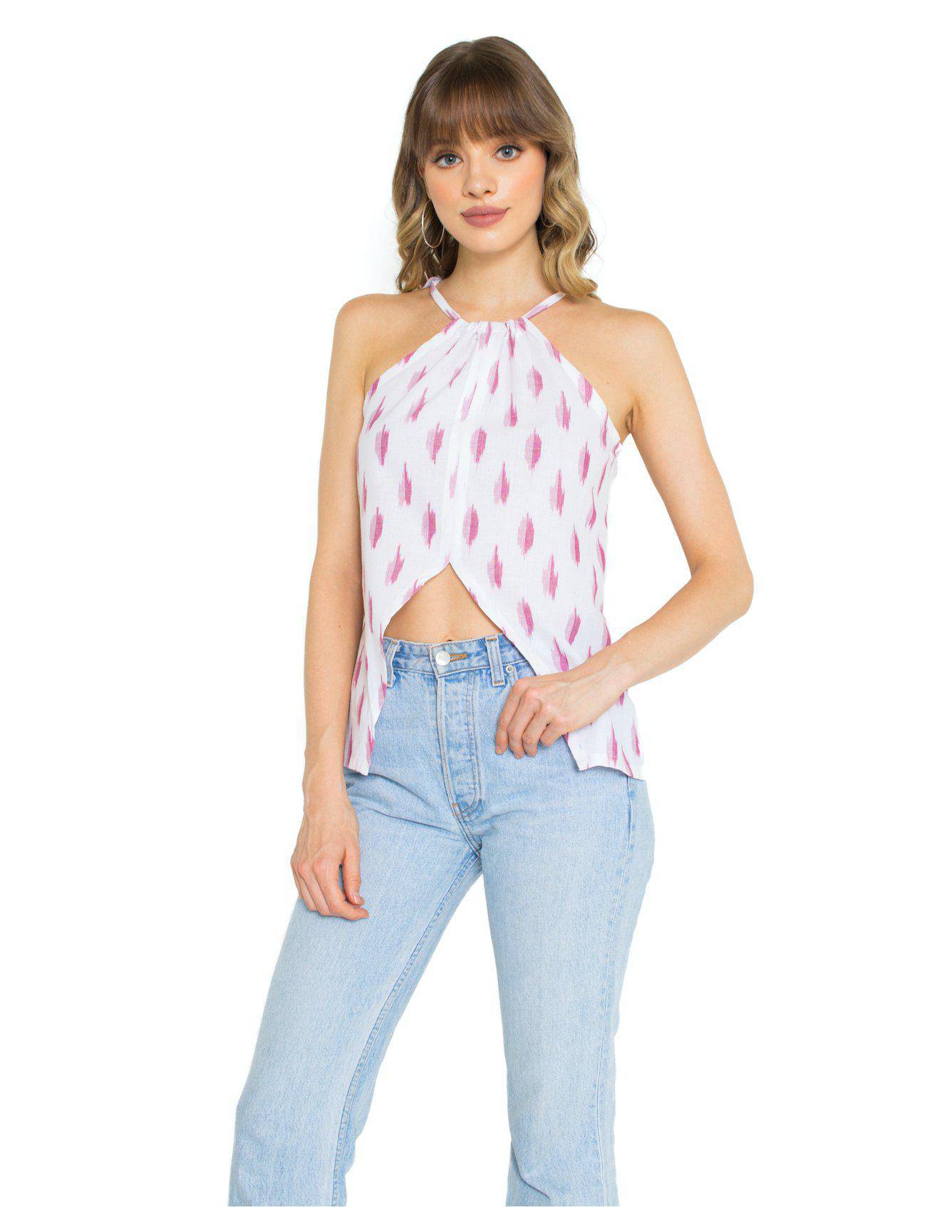 Ella Tank, Pink/White Ikat