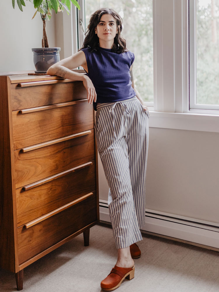 Emmy Drawstring Pant, Pinstripe Blue