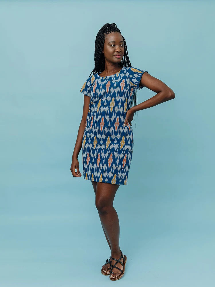 Farida Shift Dress, Blue Ikat