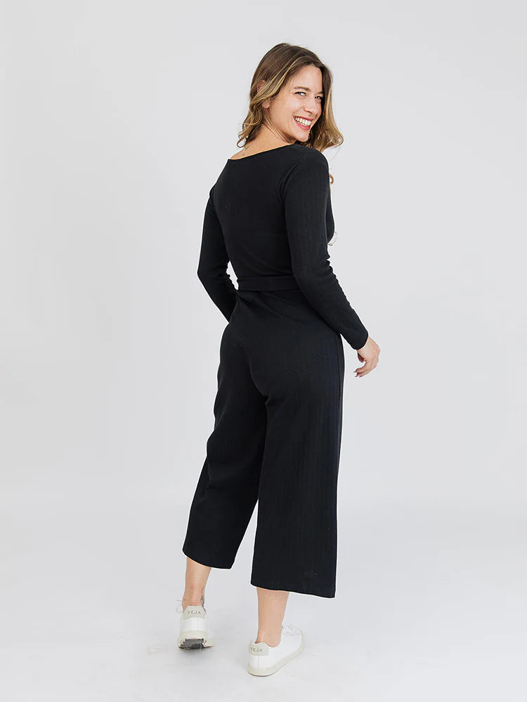 Rita LS Jumpsuit, Black Rib Knit