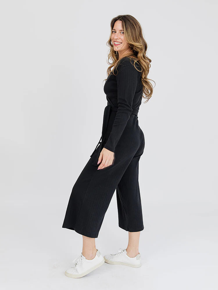 Rita LS Jumpsuit, Black Rib Knit