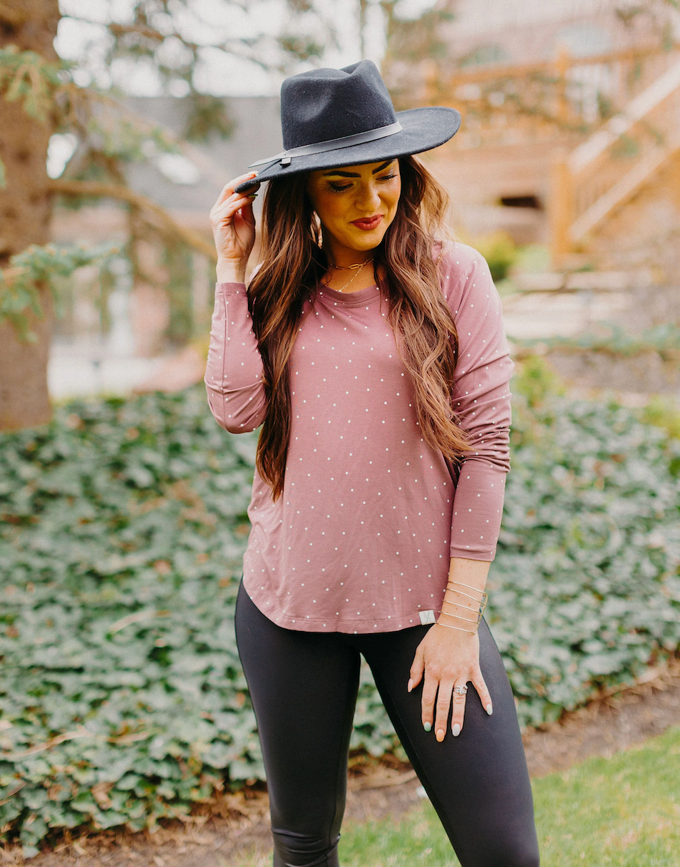 Long Sleeve Scoop Tee, Mauve Dot