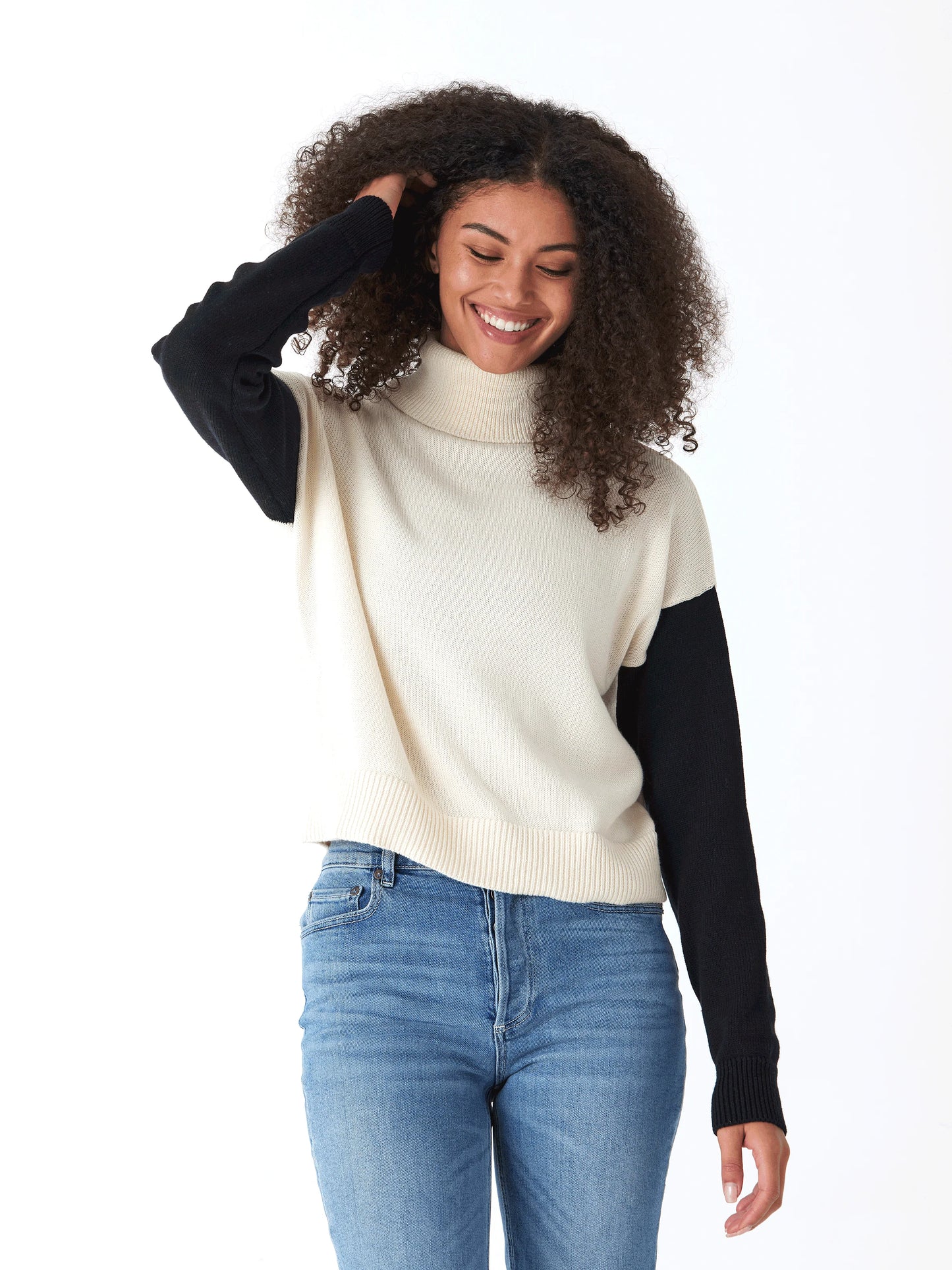 Avery Colorblock Turtleneck, Tapioca/Black