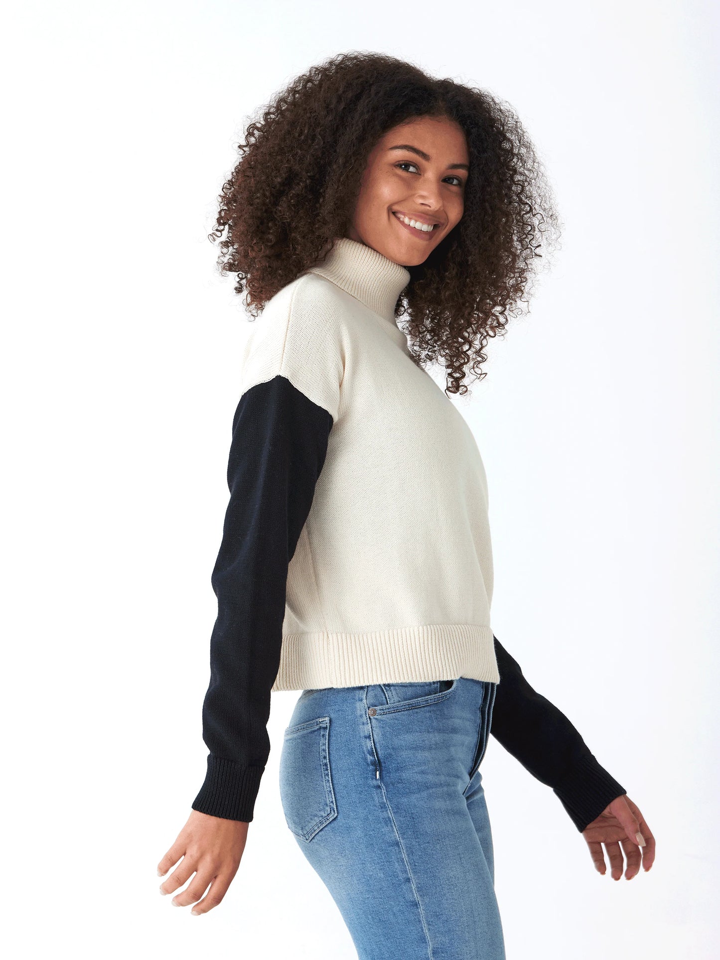 Avery Colorblock Turtleneck, Tapioca/Black