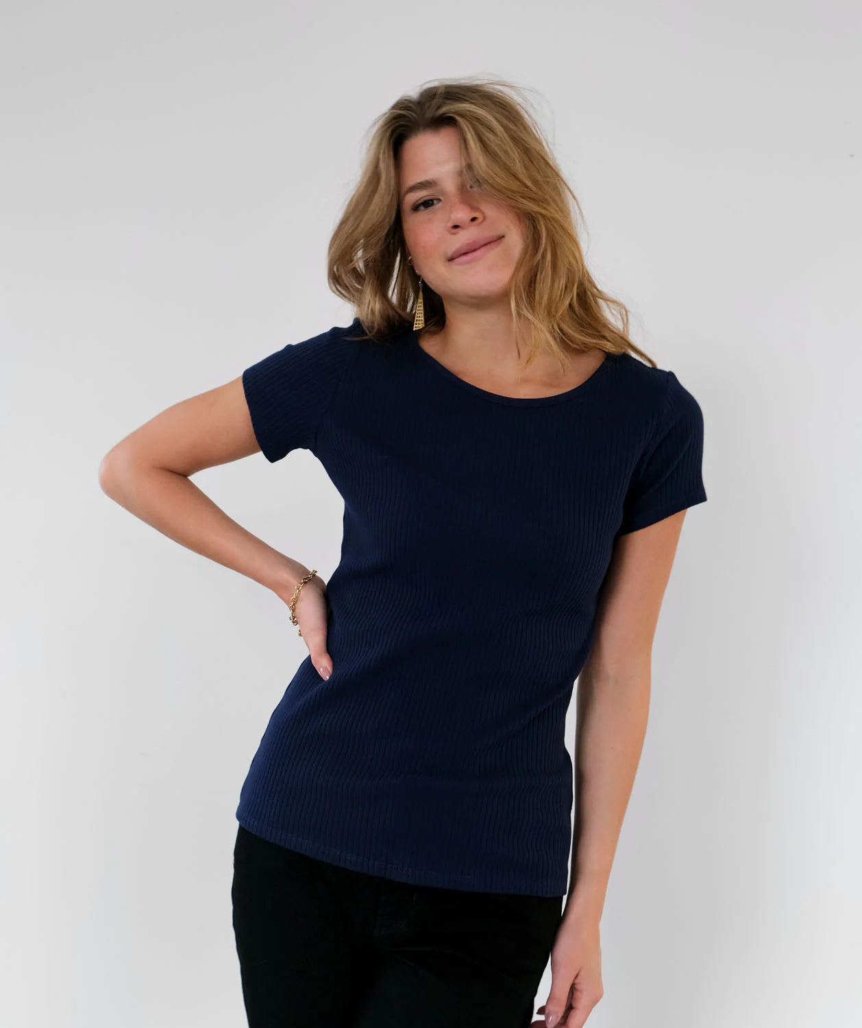 Cassia Rib Knit Tee, Navy