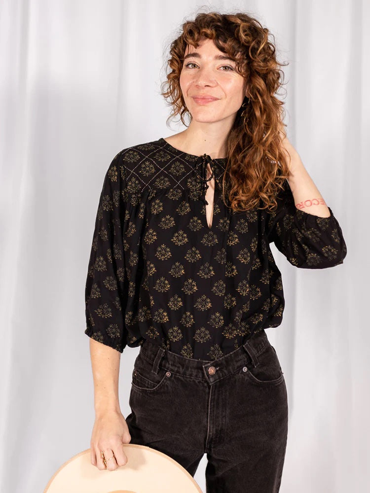 Devi Blouse, Floral Stamp Black