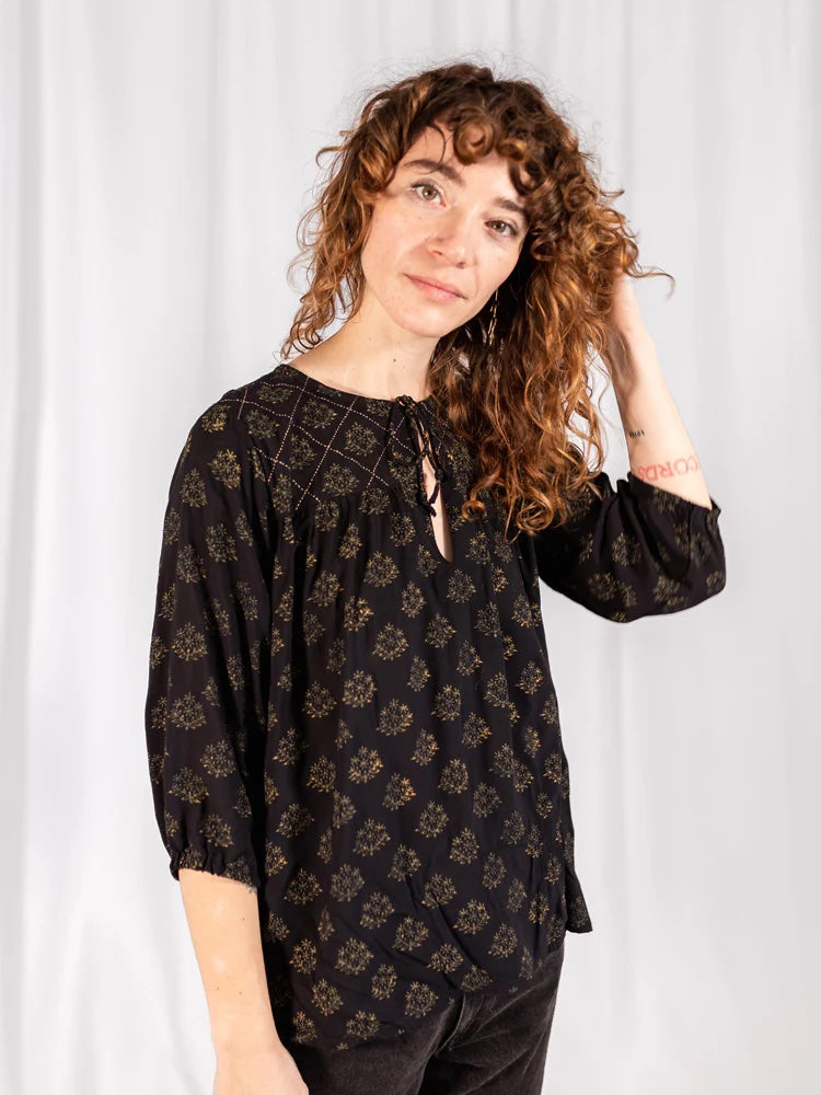 Devi Blouse, Floral Stamp Black