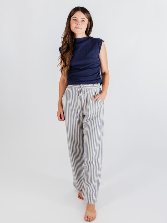 Emmy Drawstring Pant, Pinstripe Blue