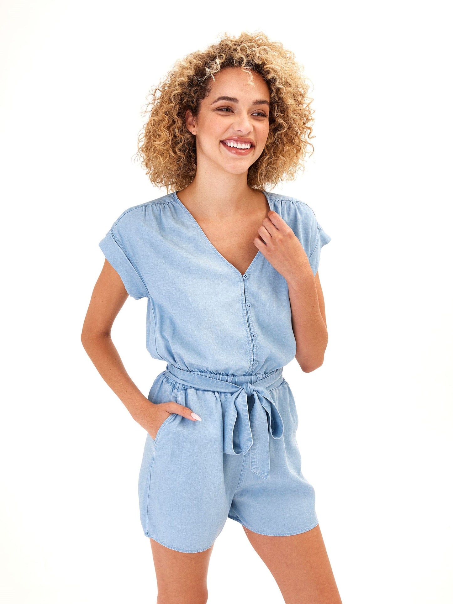 Finnsley Chambray Romper, Light Wash