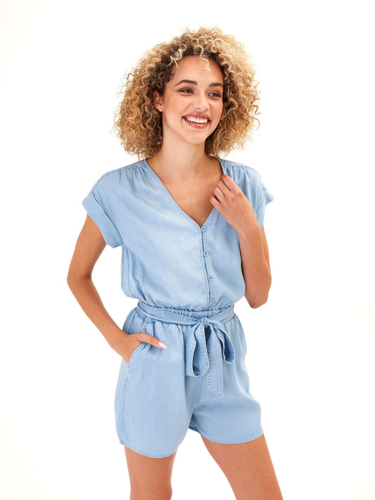 Finnsley Chambray Romper, Light Wash