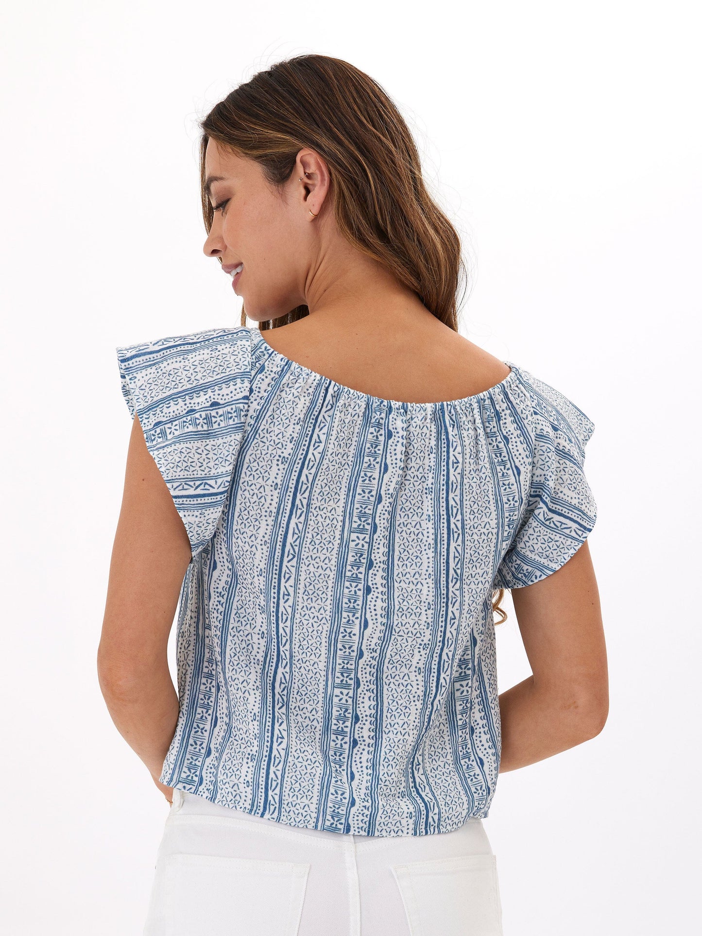 Henrietta Printed Gauze Top, Mykonos Stripe Larkspur