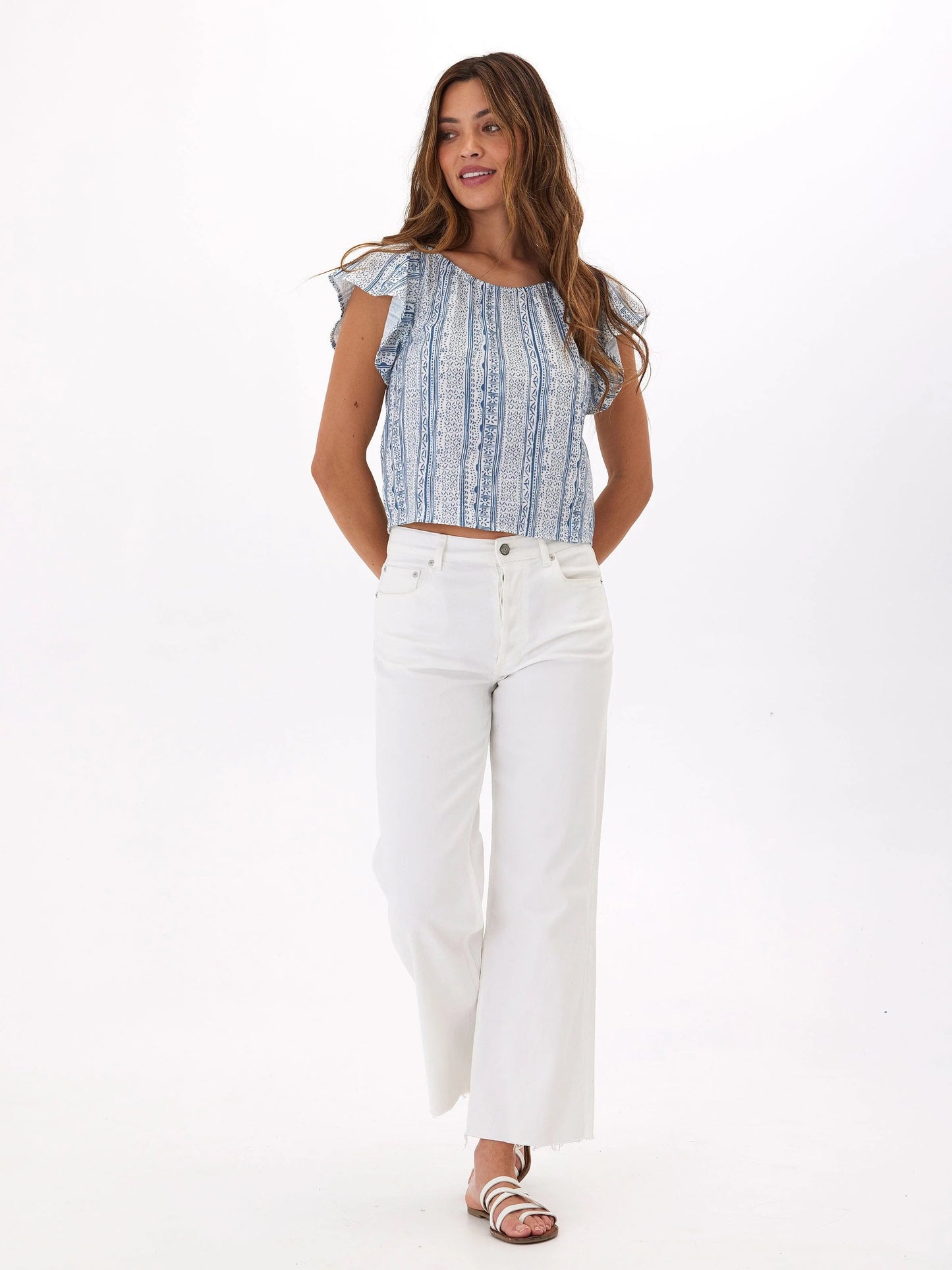 Henrietta Printed Gauze Top, Mykonos Stripe Larkspur