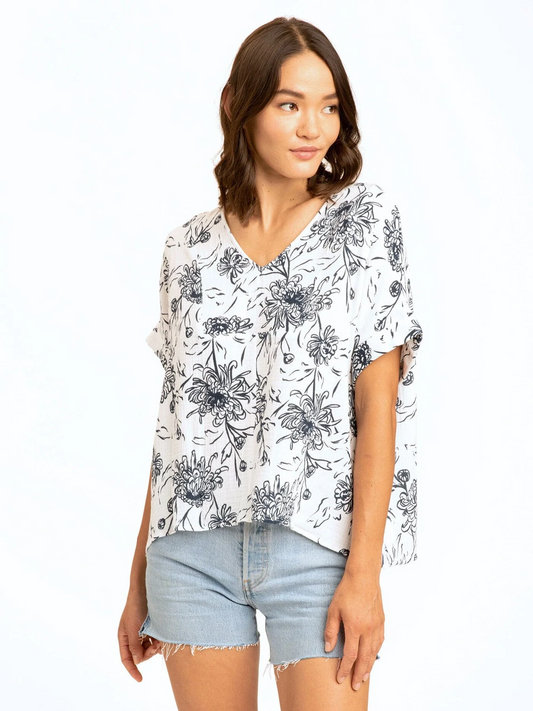 Honora Printed Gauze V-Neck Top, Floral Bloom White