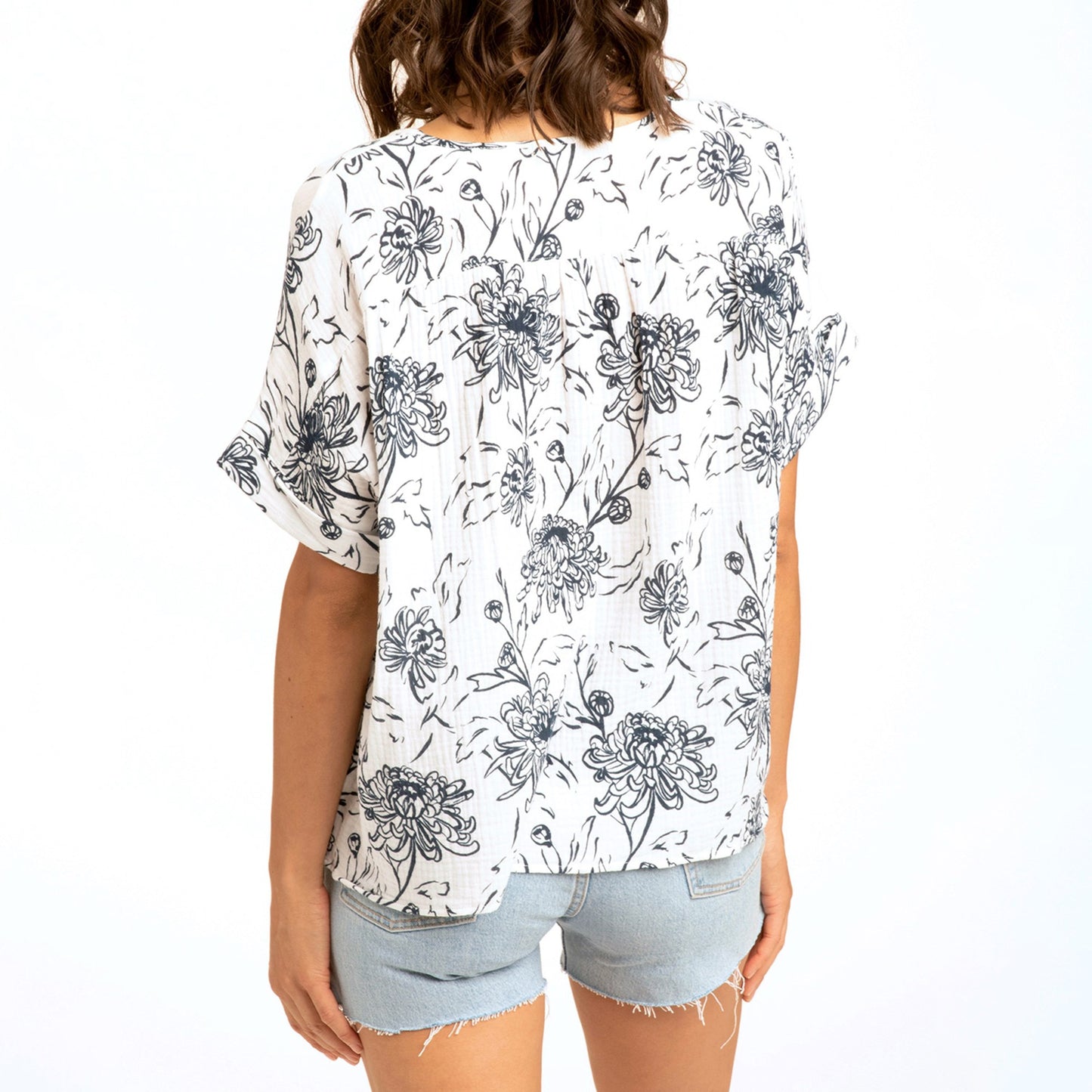 Honora Printed Gauze V-Neck Top, Floral Bloom White