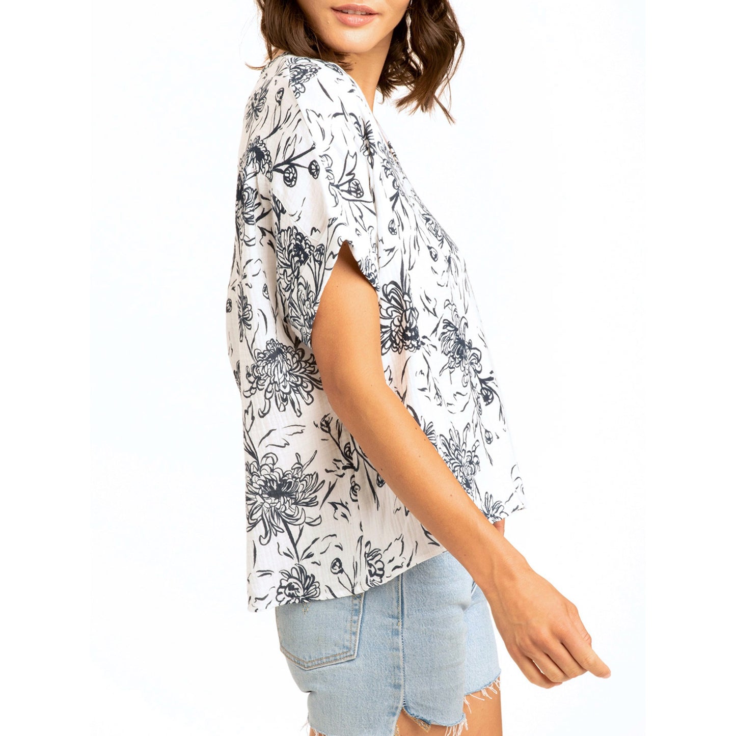 Honora Printed Gauze V-Neck Top, Floral Bloom White