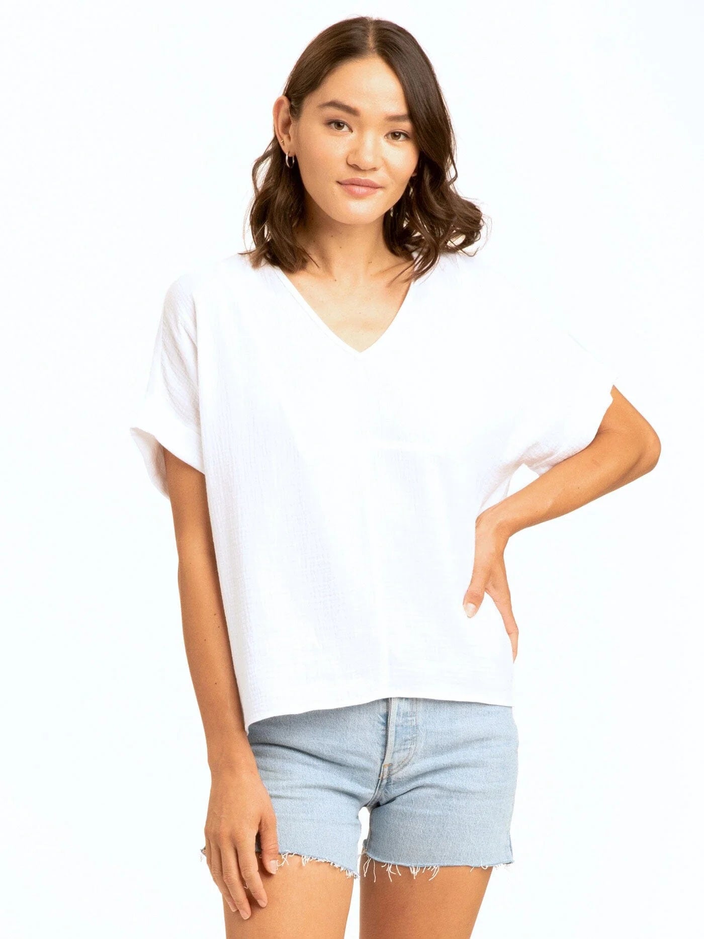 Honora Gauze V-Neck Top, White