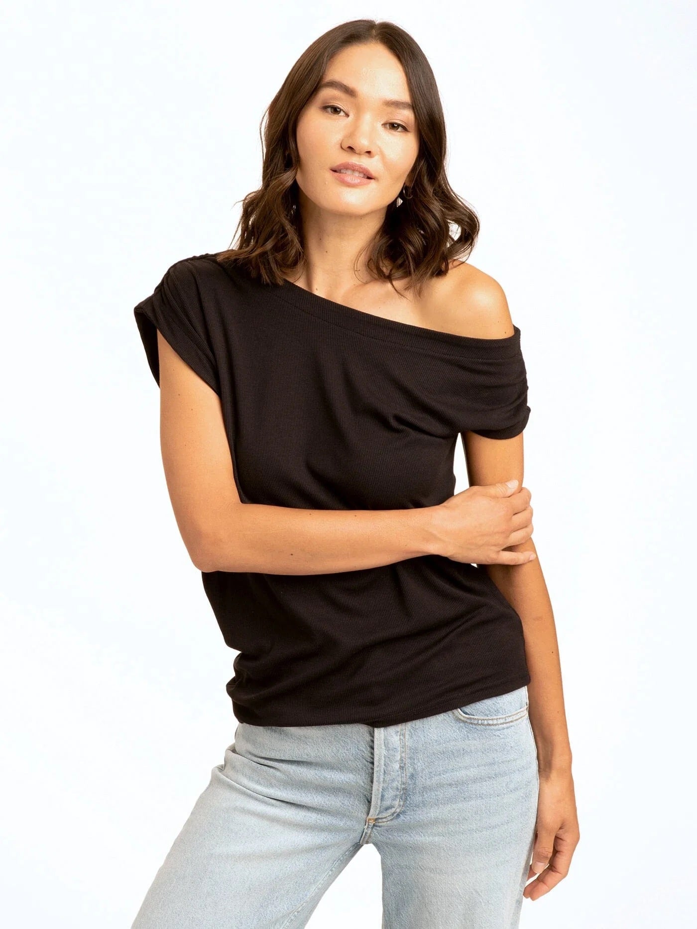 Leoni Feather Rib Off-Shoulder Top, Black