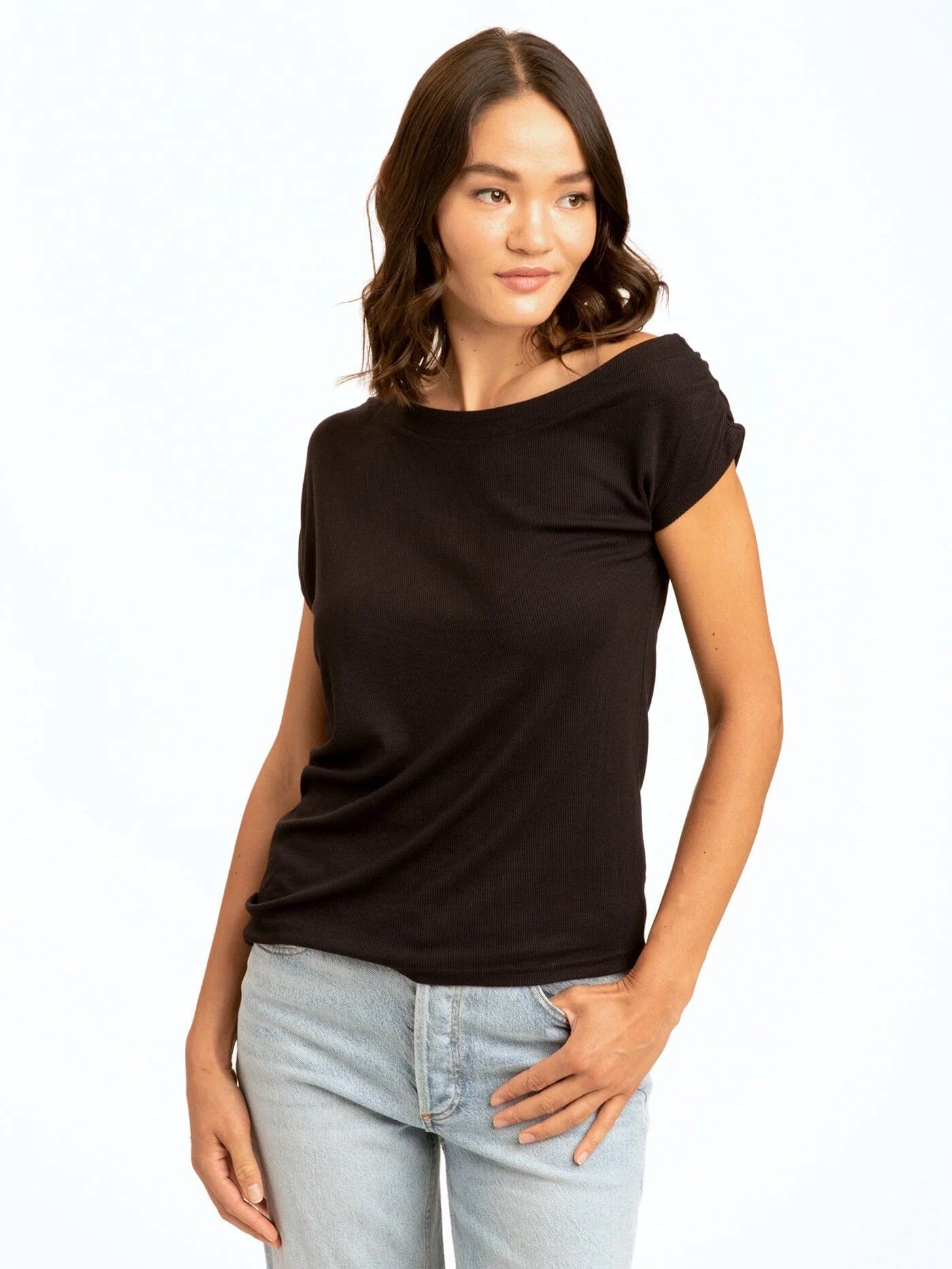 Leoni Feather Rib Off-Shoulder Top, Black