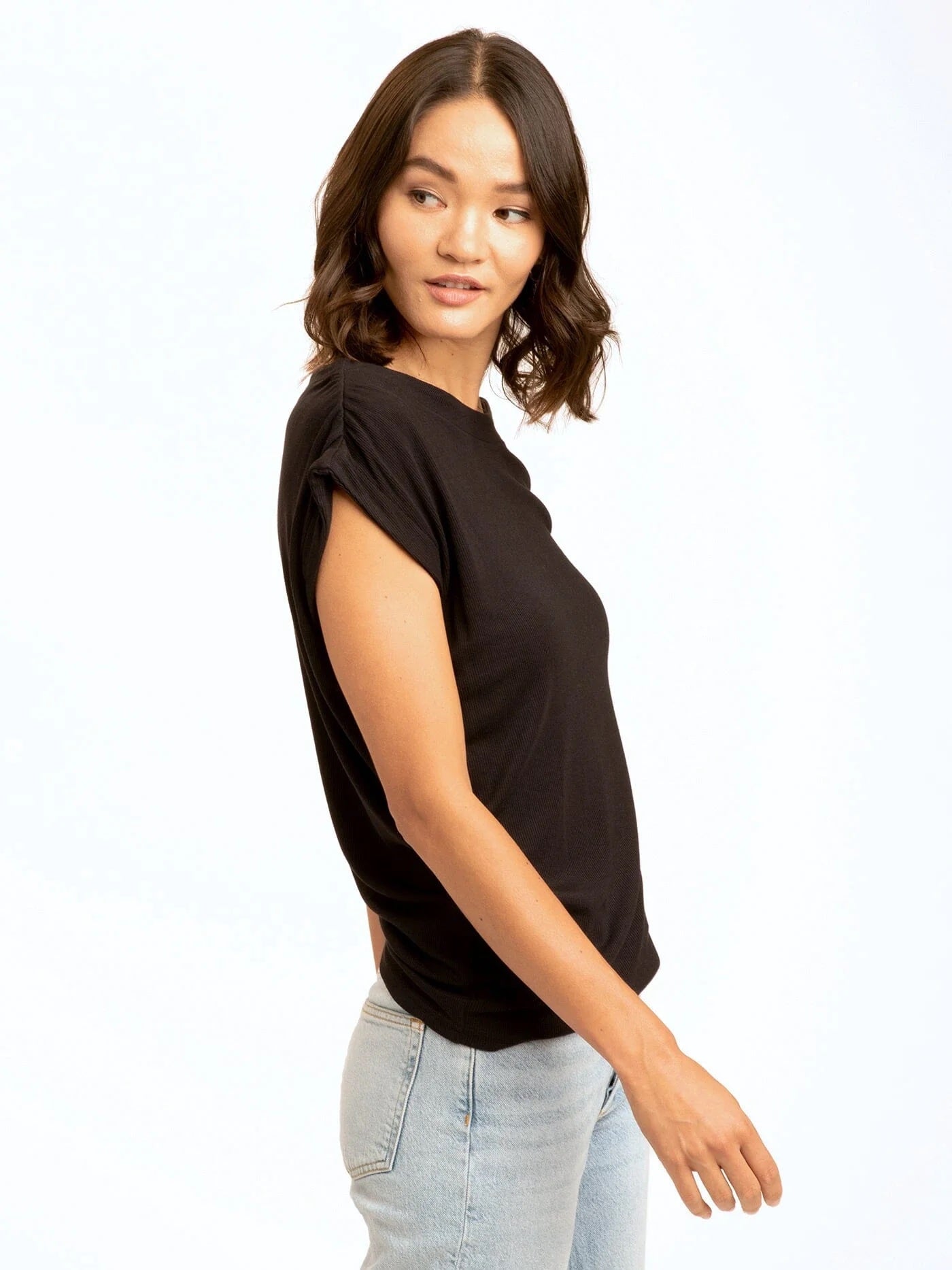 Leoni Feather Rib Off-Shoulder Top, Black