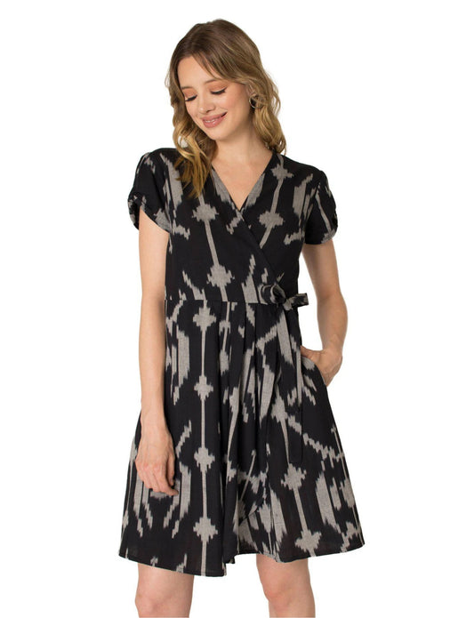 Odin Wrap Dress, Black Ikat