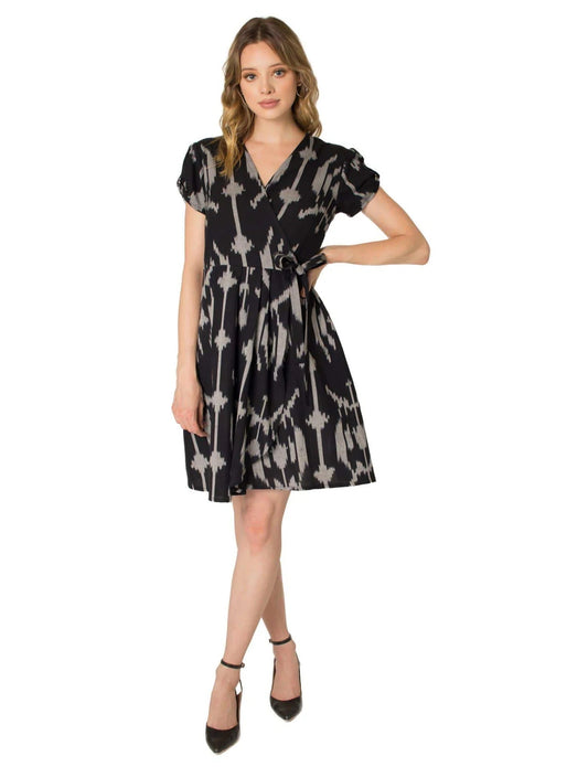 Odin Wrap Dress, Black Ikat