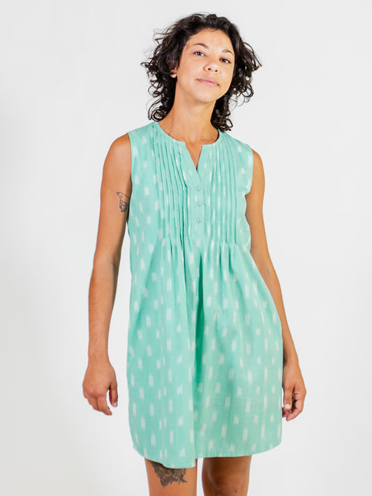 Pintucked Away Dress, Aqua Ikat