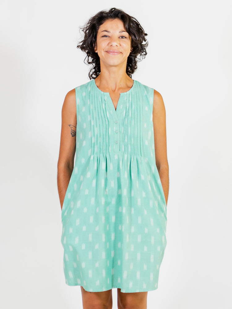 Pintucked Away Dress, Aqua Ikat