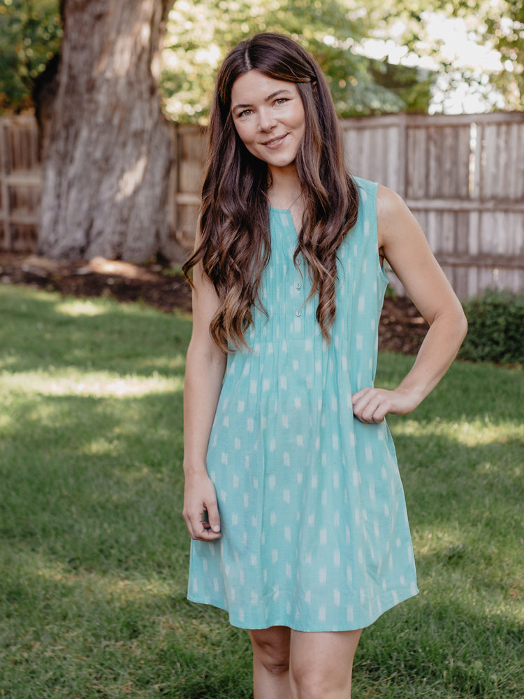 Pintucked Away Dress, Aqua Ikat