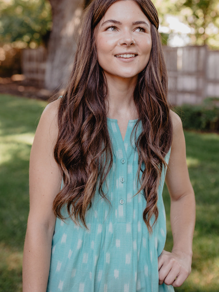 Pintucked Away Dress, Aqua Ikat