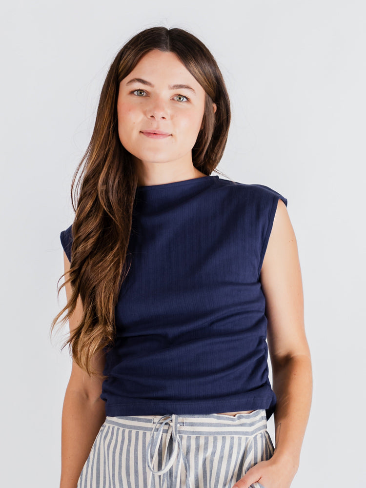 Ruched Top, Navy Rib Knit