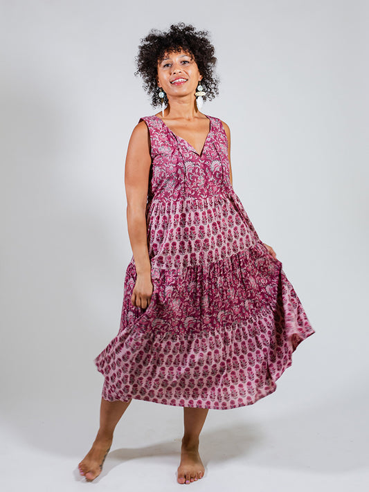 Thais Tiered Sleeveless Dress, Magenta Vine Floral