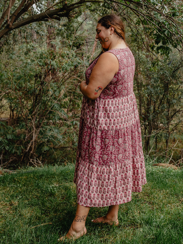 Thais Tiered Sleeveless Dress, Magenta Vine Floral