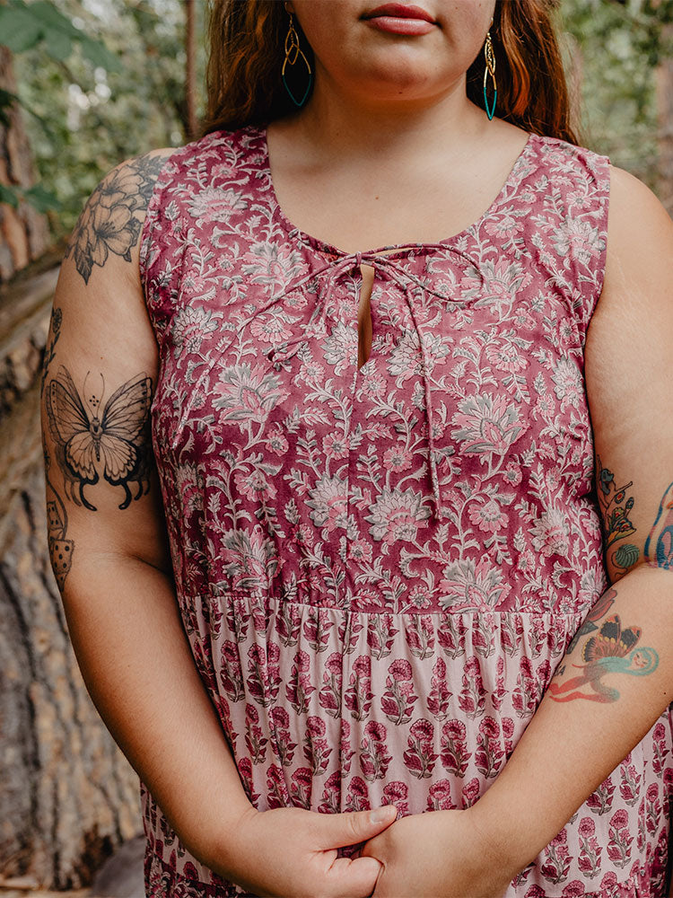 Thais Tiered Sleeveless Dress, Magenta Vine Floral