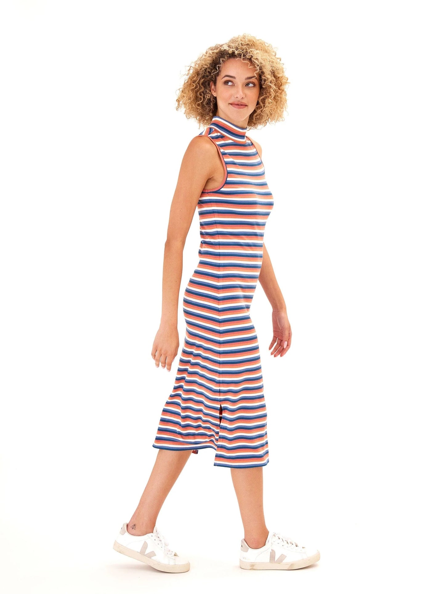 Umi Stripe Rib Midi Dress, Fiji Stripe Prawn