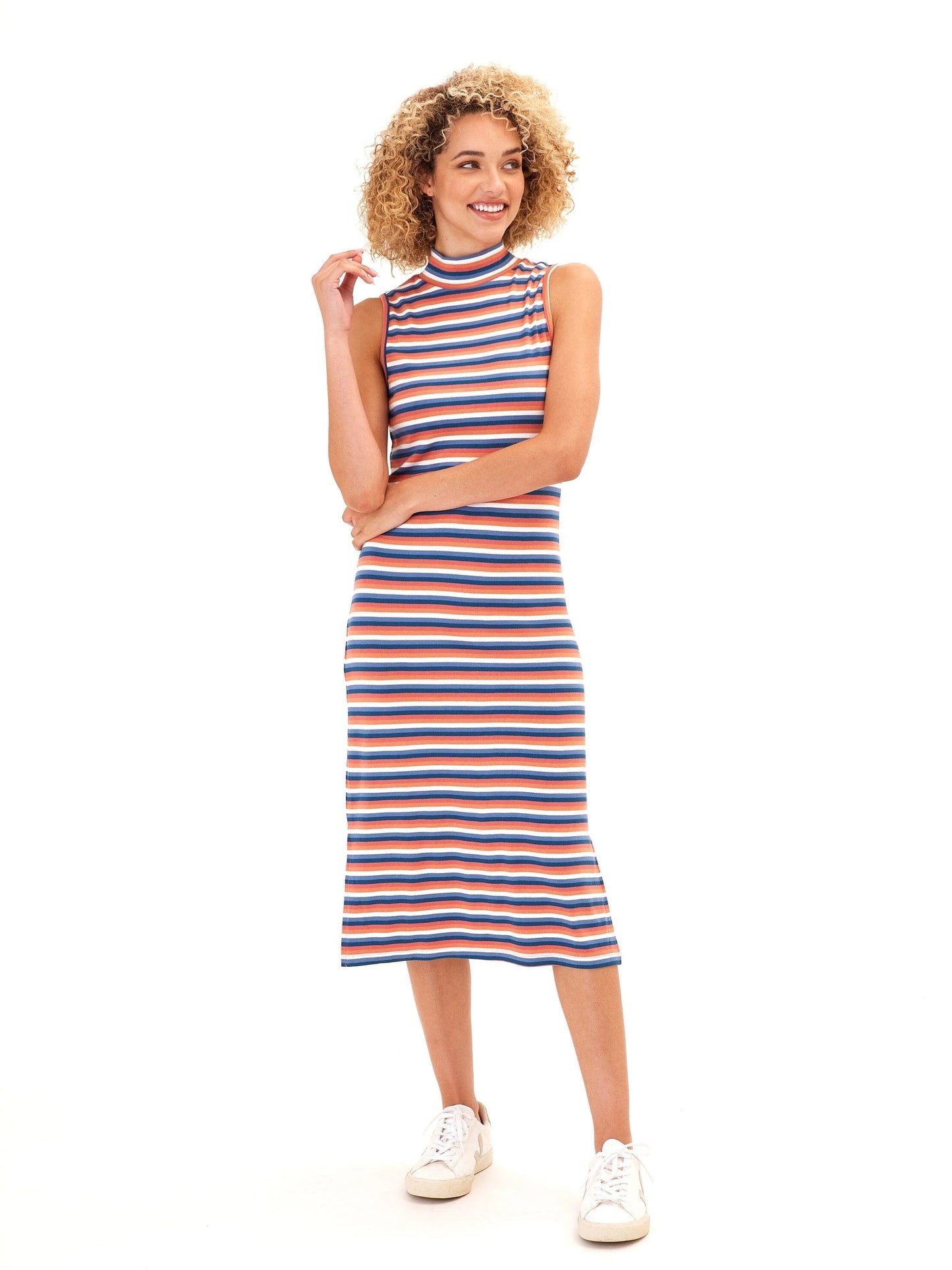 Umi Stripe Rib Midi Dress, Fiji Stripe Prawn