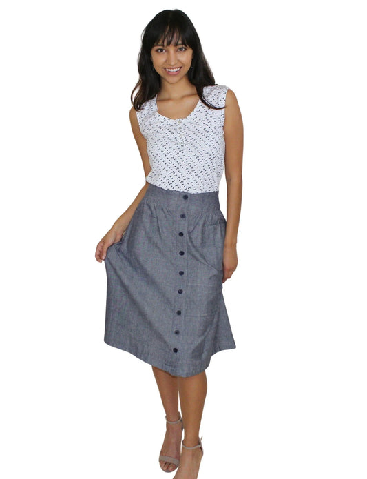 Midi Button Skirt, Chambray