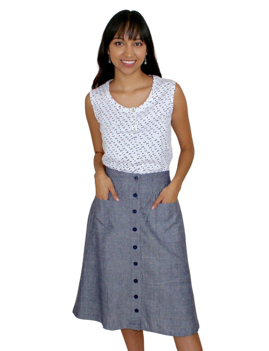 Midi Button Skirt, Chambray