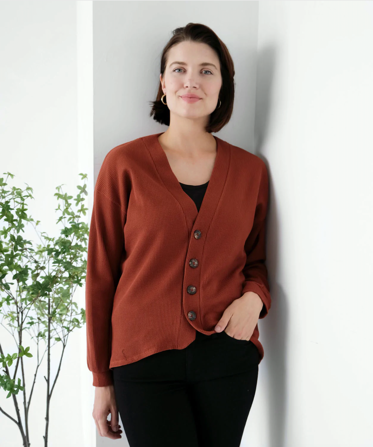 Tora Waffle Knit Cardigan, Henna